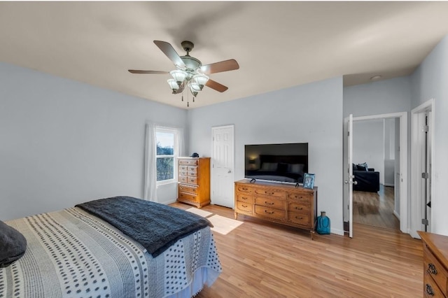 bedroom featuring light wood-style flooring and ceiling fan