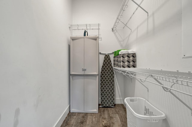 walk in closet with dark hardwood / wood-style flooring