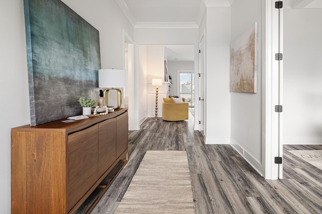 hall with ornamental molding and dark hardwood / wood-style floors