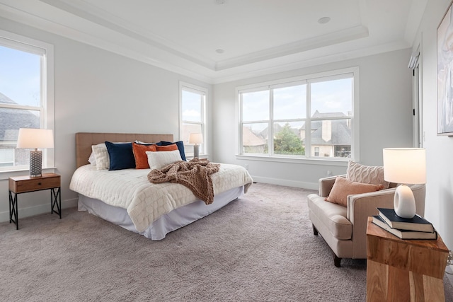 bedroom with crown molding, a raised ceiling, and carpet