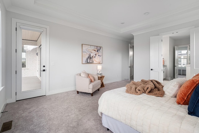 bedroom with a raised ceiling, ornamental molding, and carpet