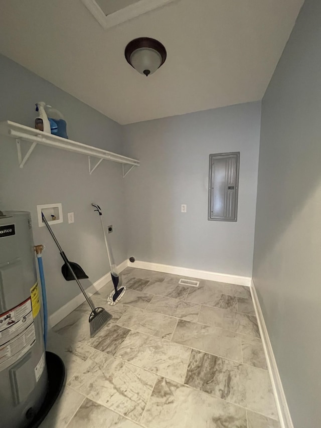 washroom with washer hookup, electric panel, water heater, and electric dryer hookup