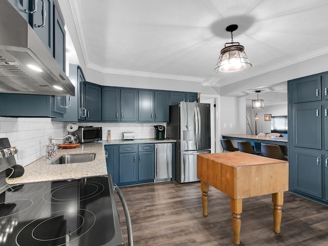 kitchen with pendant lighting, range hood, blue cabinets, dark hardwood / wood-style flooring, and stainless steel appliances