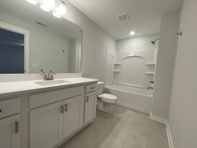 full bathroom with toilet, vanity, and bathtub / shower combination