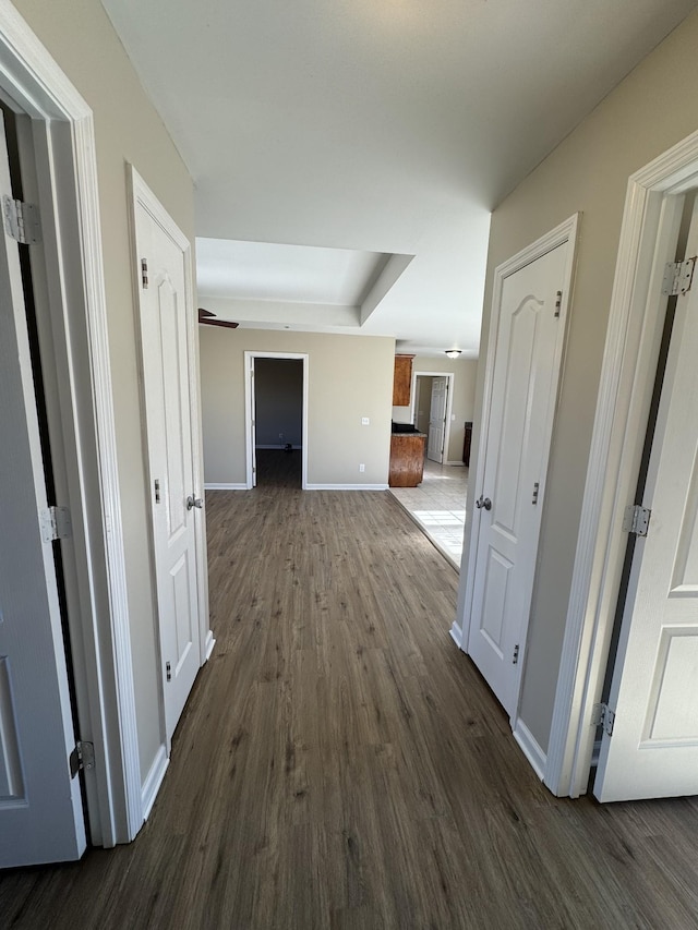 hallway with dark hardwood / wood-style flooring and a raised ceiling