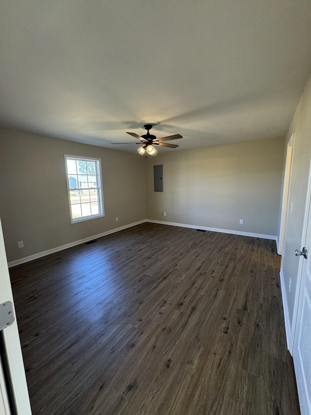 unfurnished room featuring dark hardwood / wood-style floors, electric panel, and ceiling fan