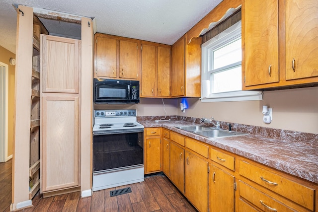 kitchen featuring sink, a textured ceiling, dark hardwood / wood-style flooring, and white range with electric cooktop