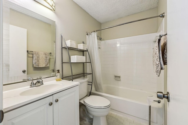 full bathroom featuring tile patterned flooring, vanity, toilet, shower / bathtub combination with curtain, and a textured ceiling