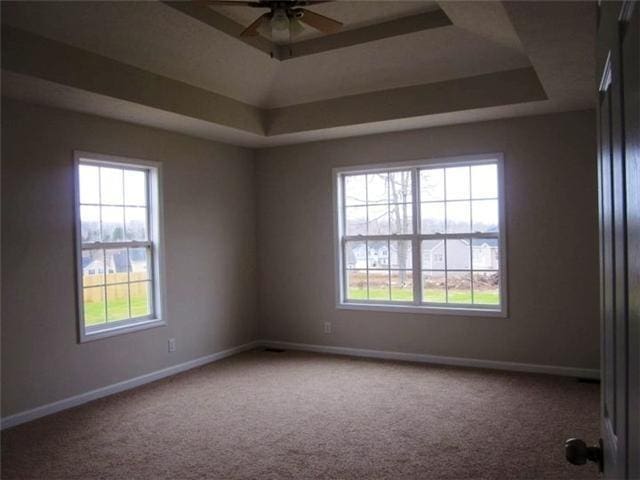 unfurnished room with a raised ceiling, ceiling fan, and carpet