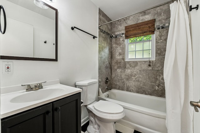 full bathroom with toilet, vanity, and shower / bathtub combination with curtain