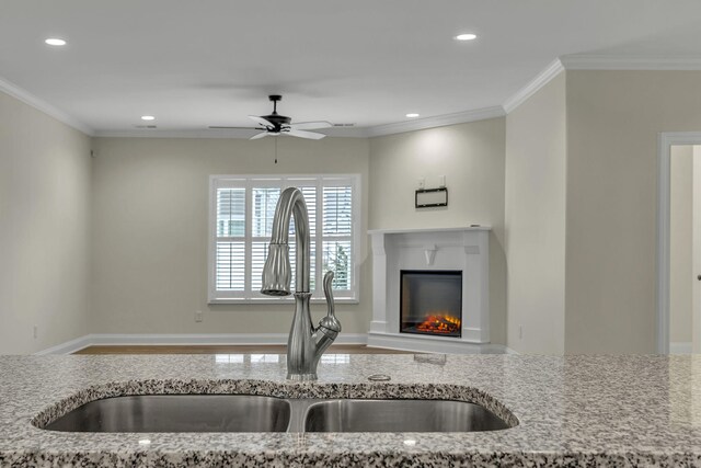 kitchen featuring ornamental molding, light stone countertops, sink, and ceiling fan