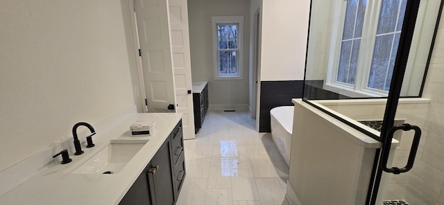 bathroom with a bathing tub and vanity