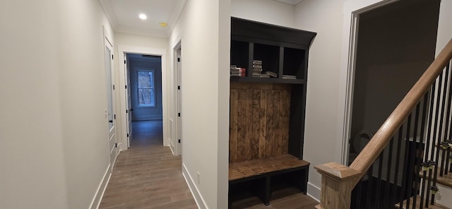 hall featuring hardwood / wood-style flooring and ornamental molding