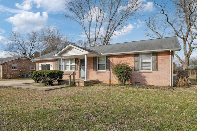 single story home with central AC and a front lawn