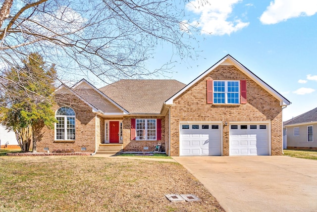 traditional-style home featuring brick siding, driveway, crawl space, roof with shingles, and a front yard