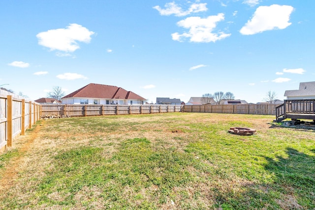 view of yard featuring an outdoor fire pit and a fenced backyard