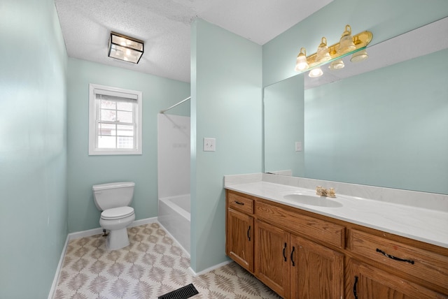 bathroom with toilet, visible vents, bathing tub / shower combination, vanity, and baseboards