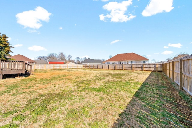 view of yard with a fenced backyard and a wooden deck