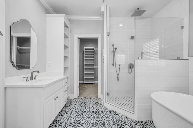 bathroom with crown molding, shower with separate bathtub, vanity, radiator heating unit, and tile patterned flooring