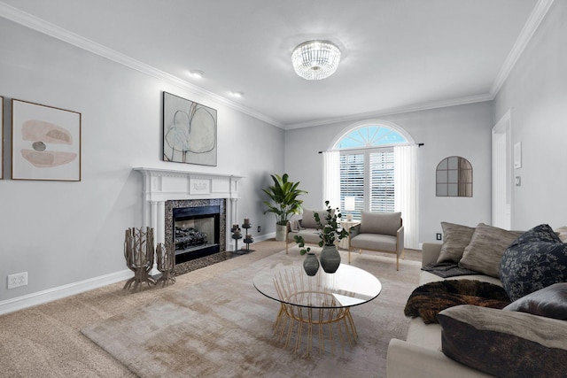 living room with crown molding, light colored carpet, and a high end fireplace