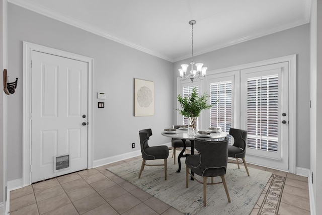 tiled dining area featuring crown molding and a notable chandelier