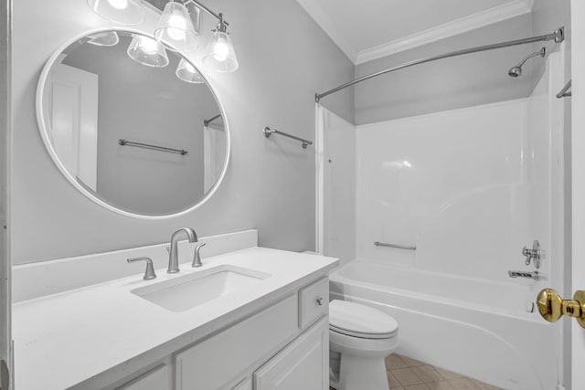 full bathroom featuring ornamental molding, vanity, toilet, tub / shower combination, and tile patterned floors