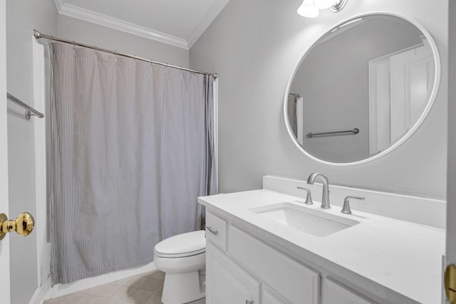 bathroom with vanity, crown molding, a shower with curtain, and toilet