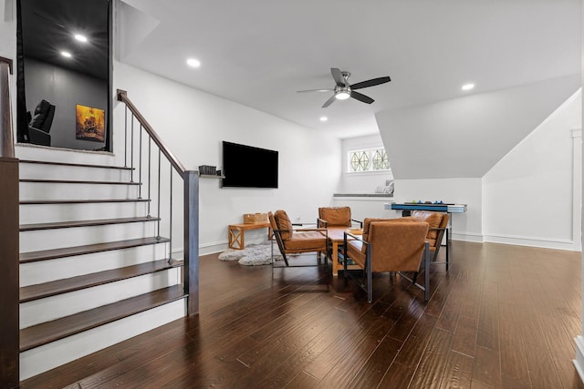 dining area featuring ceiling fan and dark hardwood / wood-style floors