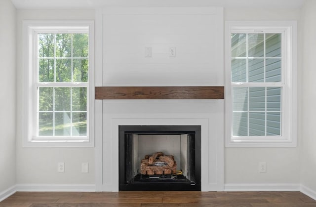 interior details with a large fireplace and wood-type flooring