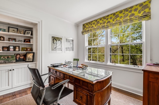 office area with crown molding and dark hardwood / wood-style flooring