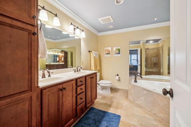 full bathroom with vanity, ornamental molding, independent shower and bath, and toilet