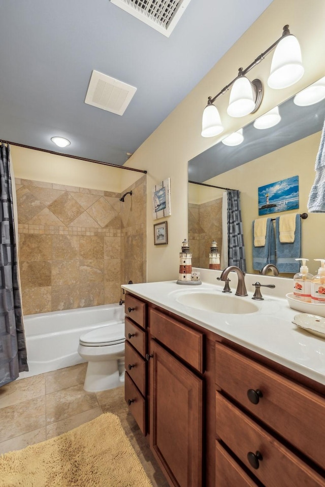 full bathroom with vanity, shower / tub combo, tile patterned floors, and toilet