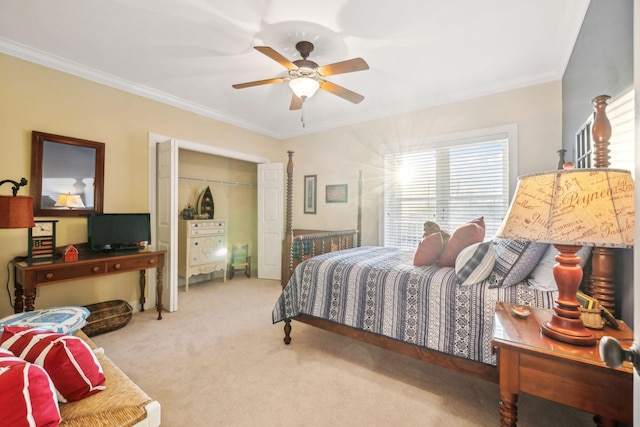 bedroom with crown molding, carpet flooring, ceiling fan, and a closet