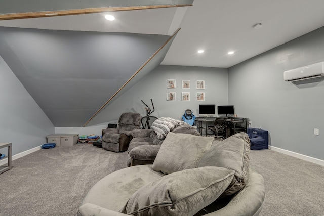 carpeted living room with a wall unit AC