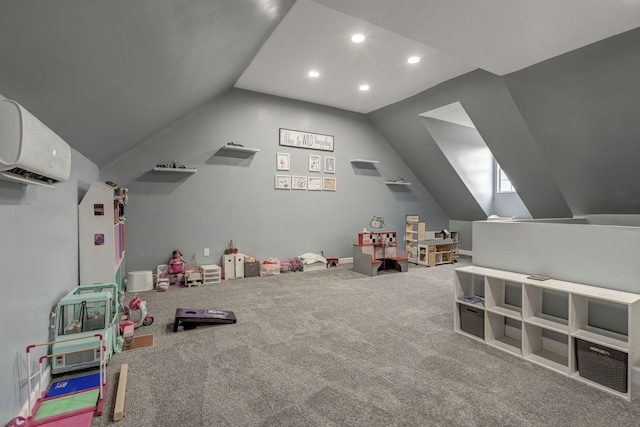 recreation room featuring vaulted ceiling, a wall mounted AC, and carpet floors