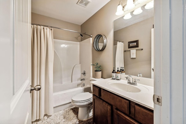 full bathroom with vanity, shower / bathtub combination with curtain, and toilet