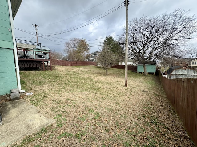 view of yard with a fenced backyard and a wooden deck