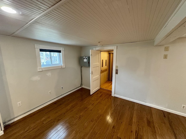 unfurnished room with wood ceiling, baseboards, and hardwood / wood-style floors