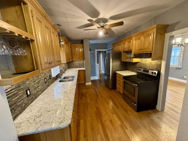 kitchen with baseboards, appliances with stainless steel finishes, wood finished floors, under cabinet range hood, and a sink