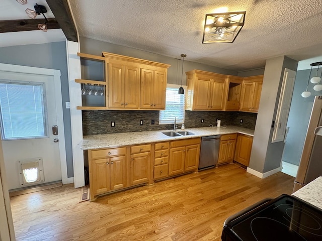 1609 Turner St, Old Hickory, TN 37138 - kitchen featuring open shelves, dishwasher, light wood-style floors, a sink, and backsplash