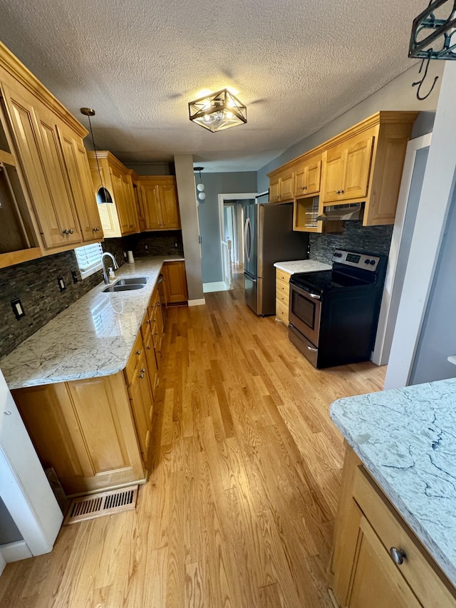 1609 Turner St, Old Hickory, TN 37138 - kitchen with appliances with stainless steel finishes, a sink, under cabinet range hood, backsplash, and light wood-type flooring
