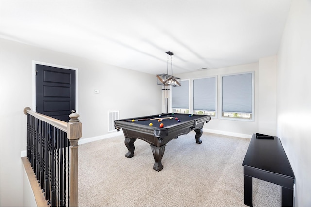 recreation room with carpet floors and billiards