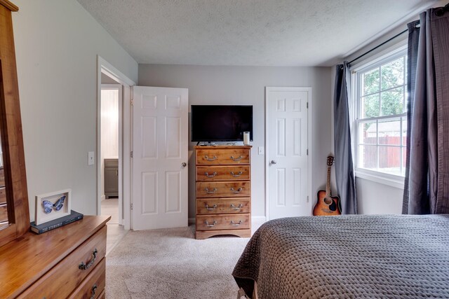 bedroom featuring light colored carpet, a closet, and a textured ceiling