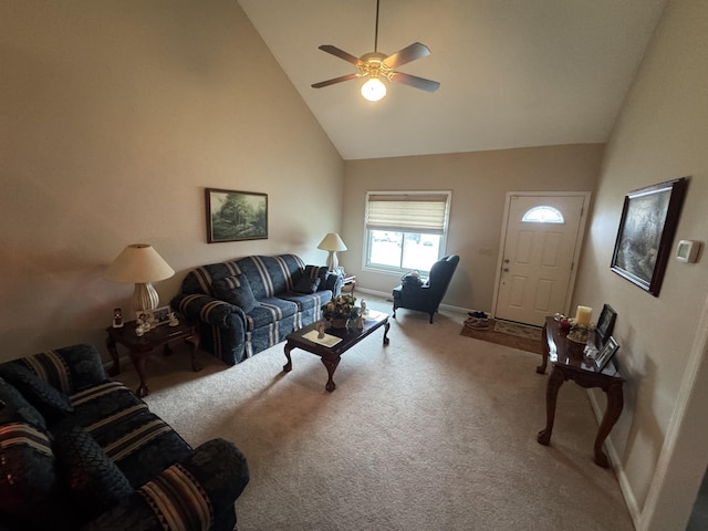 living room with light carpet, high vaulted ceiling, and ceiling fan