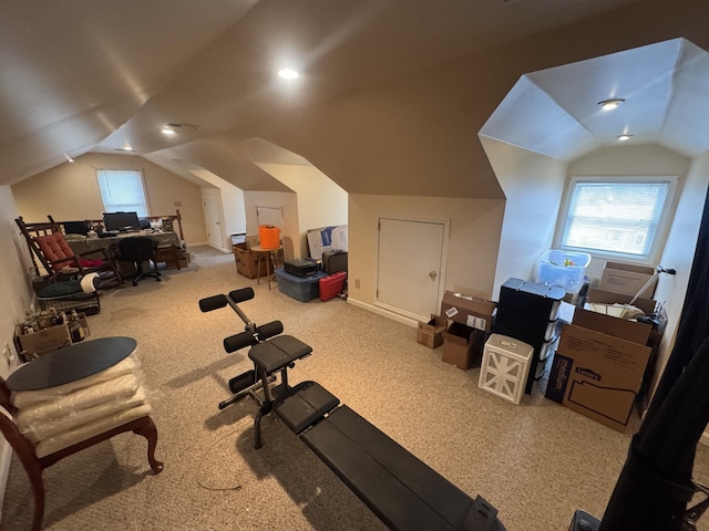 workout area with vaulted ceiling