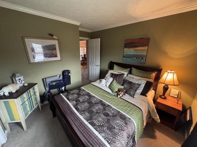 carpeted bedroom with ornamental molding