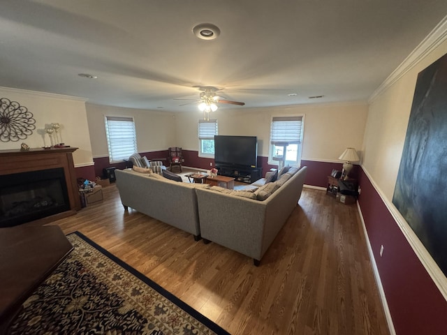 living room featuring crown molding, dark hardwood / wood-style floors, and ceiling fan