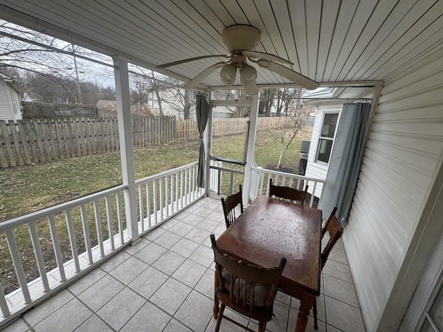 sunroom / solarium featuring ceiling fan and wooden ceiling