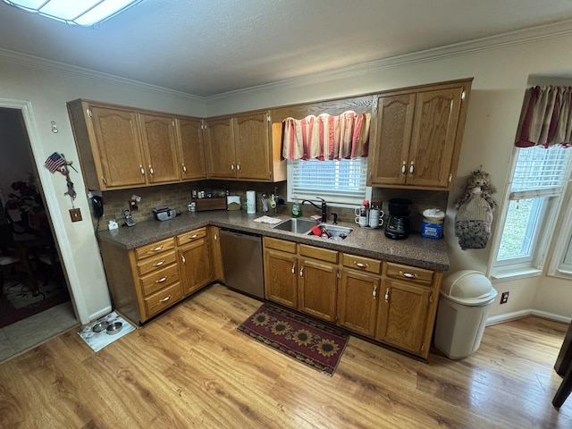 kitchen featuring sink, tasteful backsplash, stainless steel dishwasher, a wealth of natural light, and light hardwood / wood-style floors