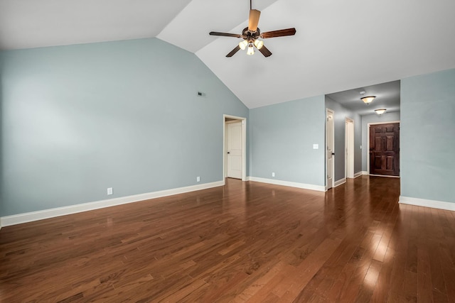 interior space with dark hardwood / wood-style flooring, high vaulted ceiling, and ceiling fan